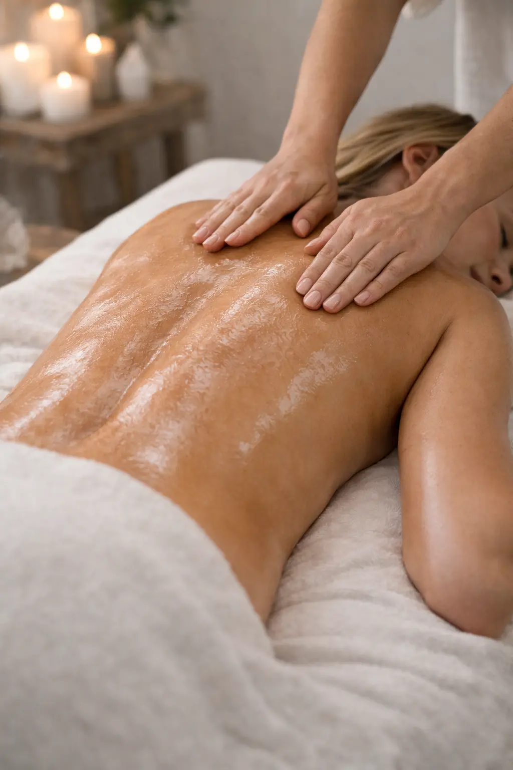 Mains massant le dos, dans une ambiance douce