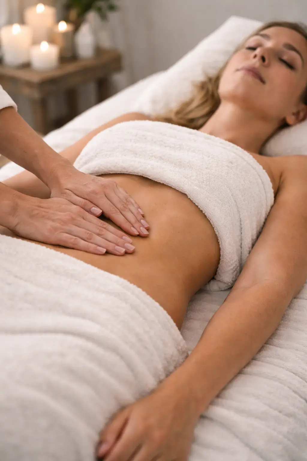 Massage du ventre avec une installation confortable