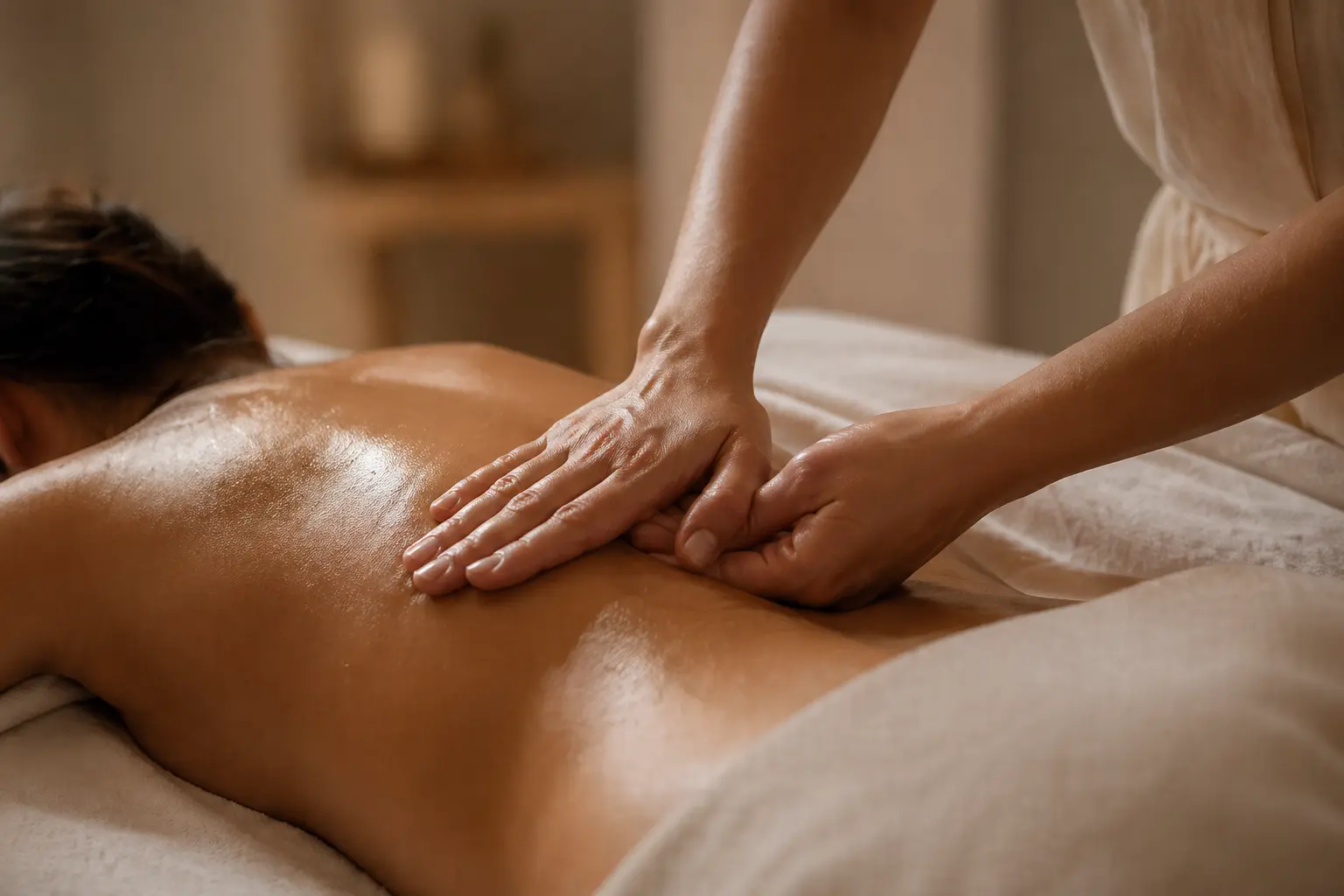 Massage du dos, linge clair et ambiance chaleureuse