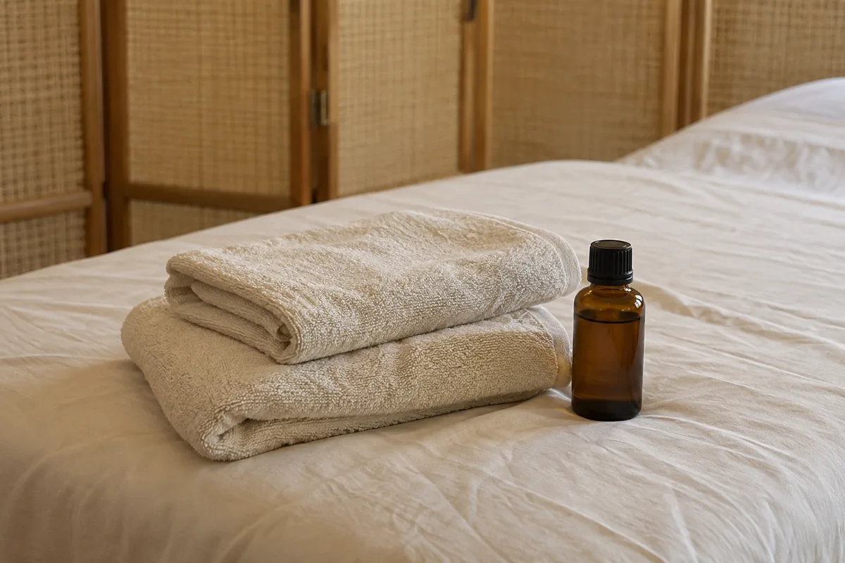 Deux serviettes crème pliées et un flacon d’huile de massage devant un paravent beige.